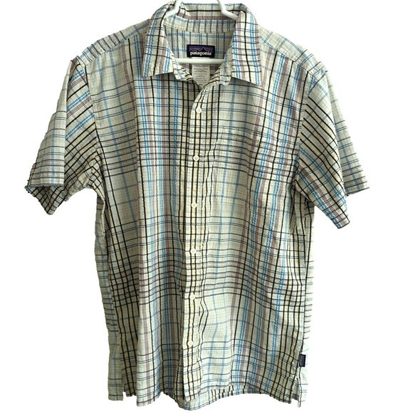 Patagonia Men's L Button Shirt Blue White Brown  Plaid Short Sleeve  Pocket lp - Picture 1 of 12